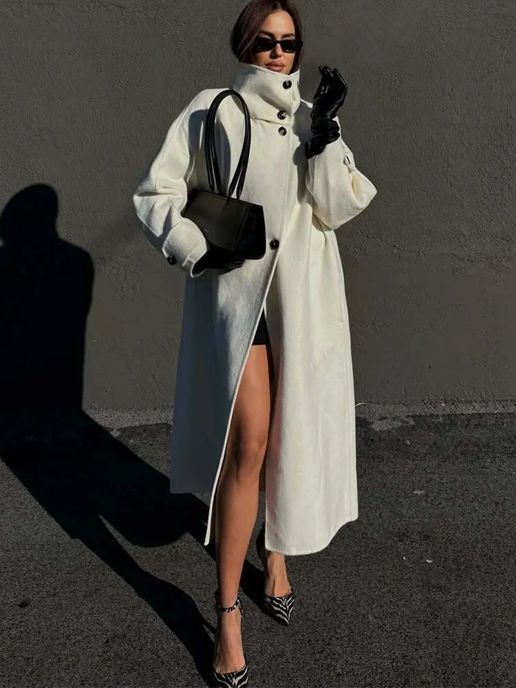 

TFMLN Winter Retro Woolen Long Coat For Women Elegant Style Long Sleeves Stand Collar Solid Color Long Coat Female Autumn New