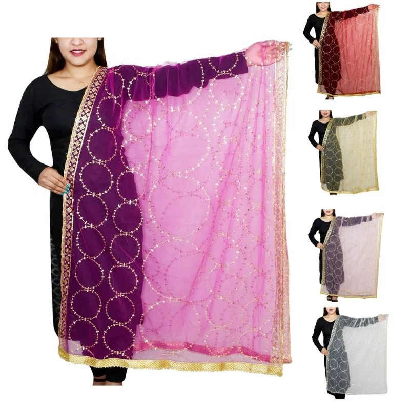 Women's Net Dupata Scarf Traditional Chunni Strap Gotta Patti Beaded Wrap Shawl Indian Clothing