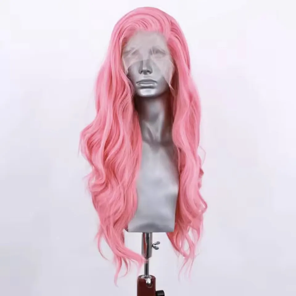 QW Pink Synthetic Frontal Lace Wig Body Wave Lace Wig for Women  Heat Resistant Hair Long Wave Wig Pastel Pink Daily Cosplay