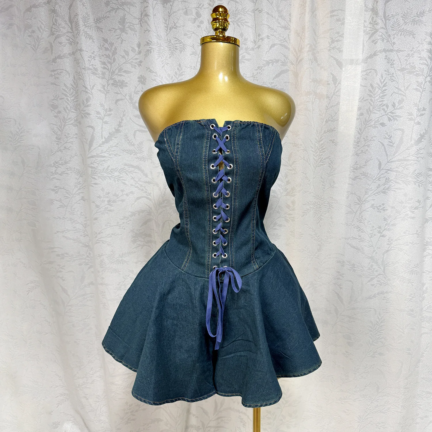 

Summer New Sexy Fashion Tube Top Strap Denim Jumpsuit Shorts Wide Leg Pants Women