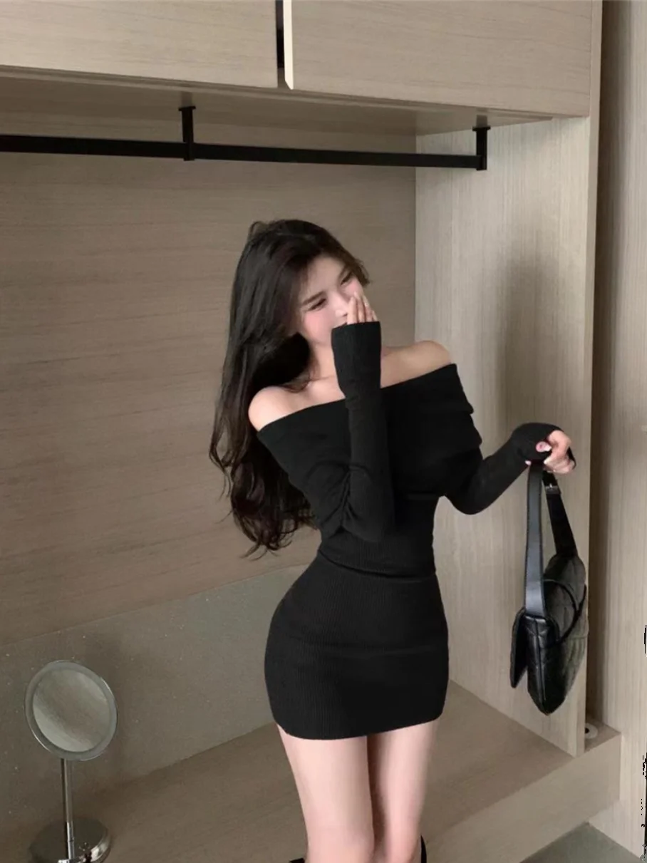 하이 엔드 빈티지 섹시한 블랙 드레스 여성 오프 숄더 Bodycon 스커트 슬리밍 Smoothing Out 가을/겨울 신상품 