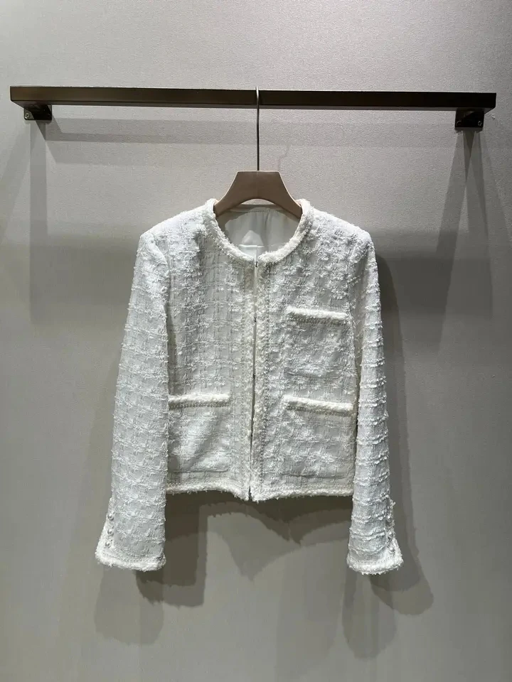 

2024SS Spring Autumn Luxury New Women High Quality White Tweed Coat Outerwear Jacket for Ladies