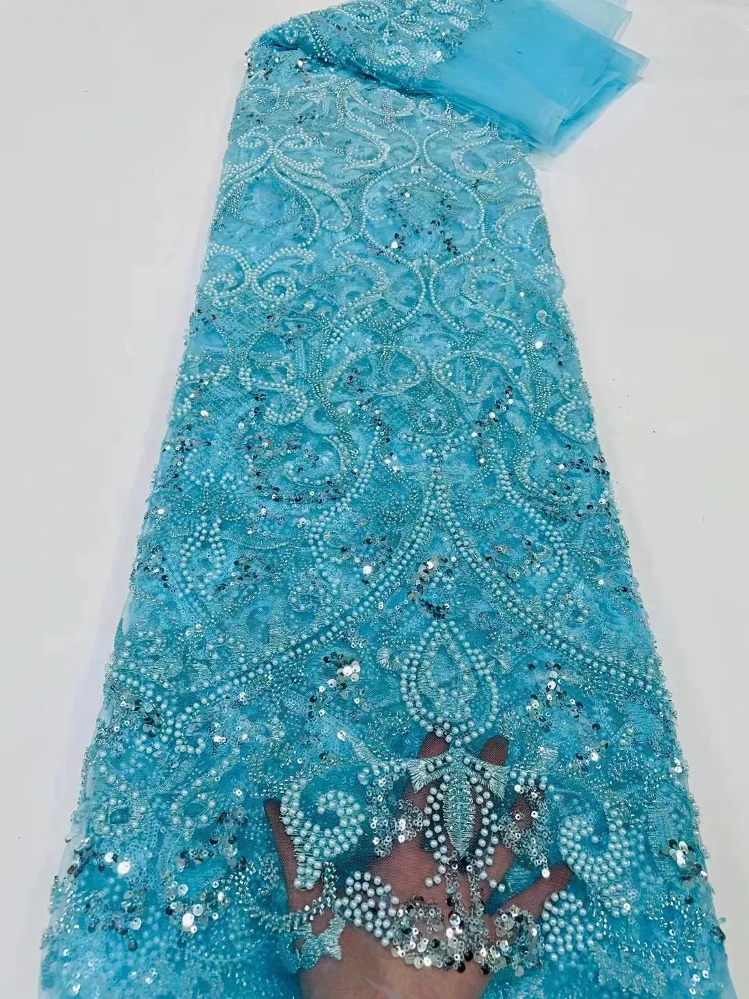 

2026 High-Quality African Nigerian Sequins Cotton Embroidery Lace Fabric Tulle for Luxury Wedding Party Dresses Chiffon 5 Yards