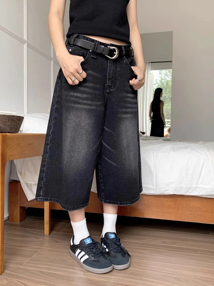 High Waist Black Retro Washed Denim Shorts Women\'s Harajuku Vintage Fashion Casual Loose Y2K Streetwear Mid Long  Wide Leg Pants