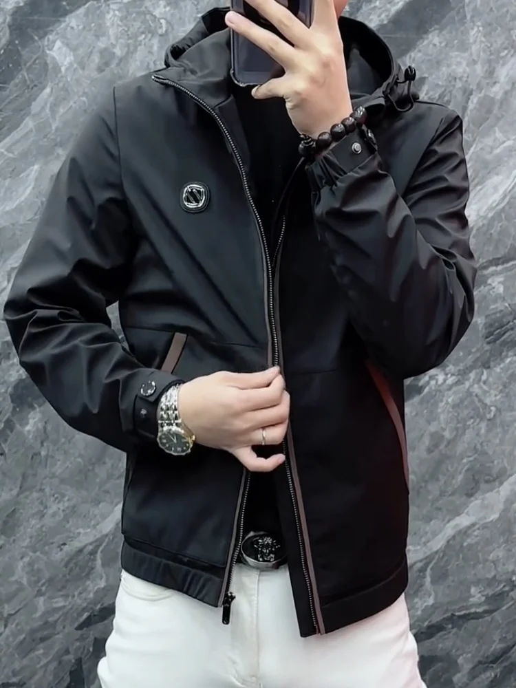 

Men's Casual Hooded Jaet 2025 Autumn Faion Busin Sle Polyester Fabric Windproof Elastic Hem Zipper Closure Side kets