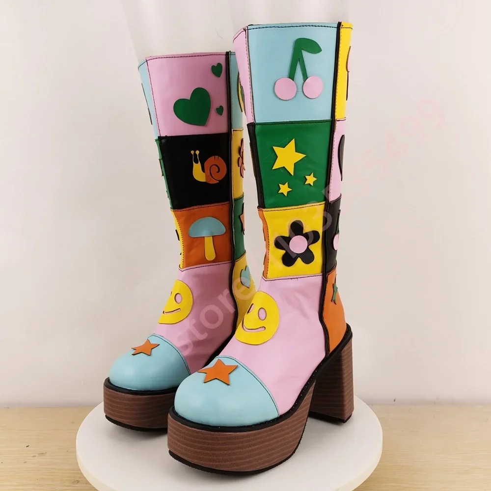 

2025 Colorful Floral Pattern Platform Stage Boots Round Toe Chunky Heel Casual Long Boots for Sweet Girls Fashion Party Wear