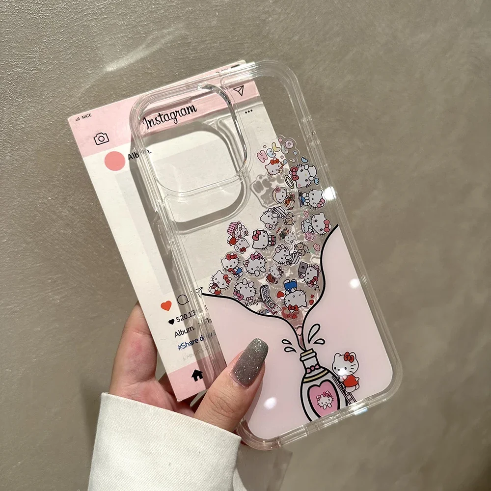 Kawaii Drift Bottle Hello Kitty Luxury Quicksand Glitter Phone Case for IPhone 16 15 14 13 12 11 Pro Max Transparent Back Cover