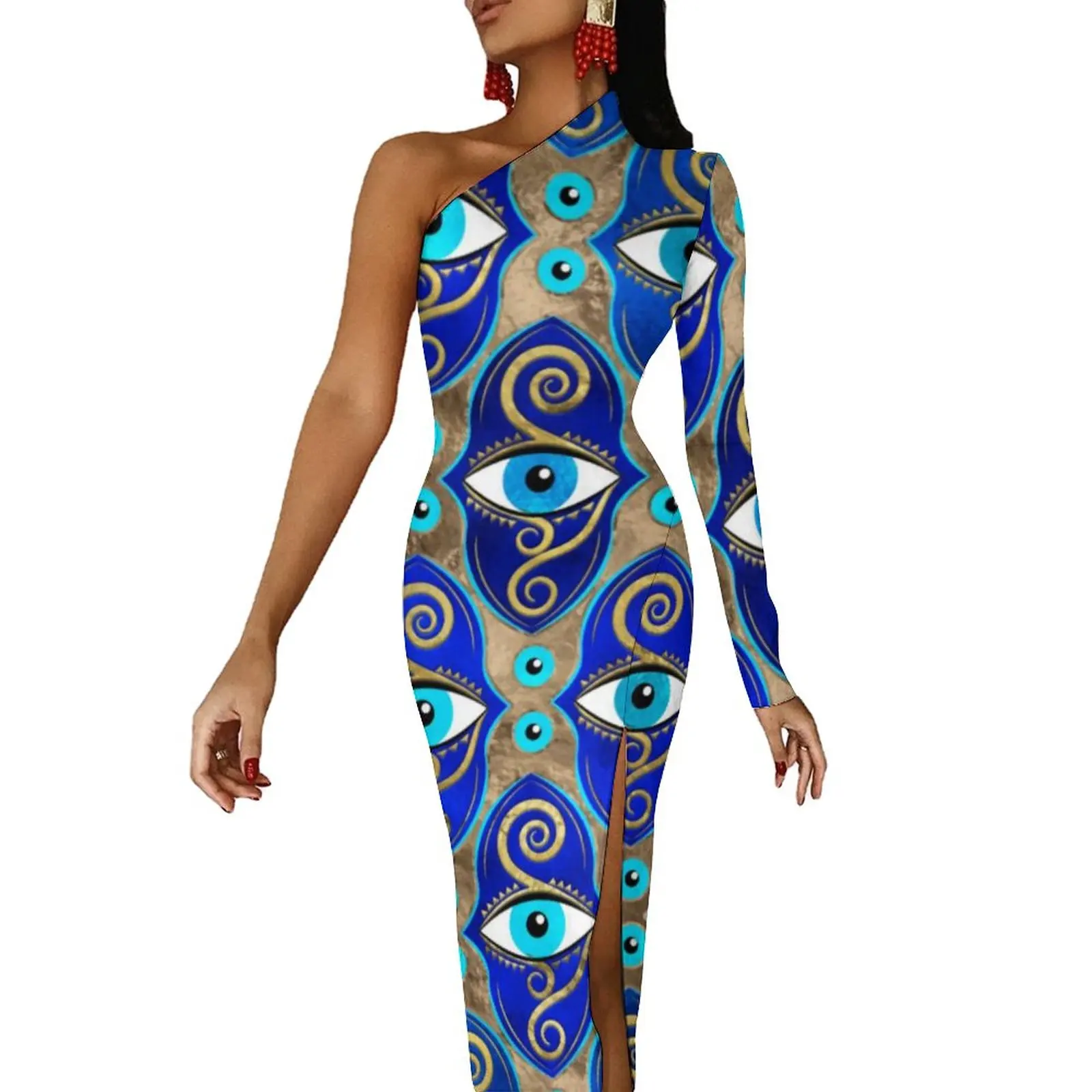 Abstract Evil Eye Long Dress Charm Pattern Party Maxi Dress Spring Long Sleeve Club Bodycon Dresses Side Split Graphic Vestidos