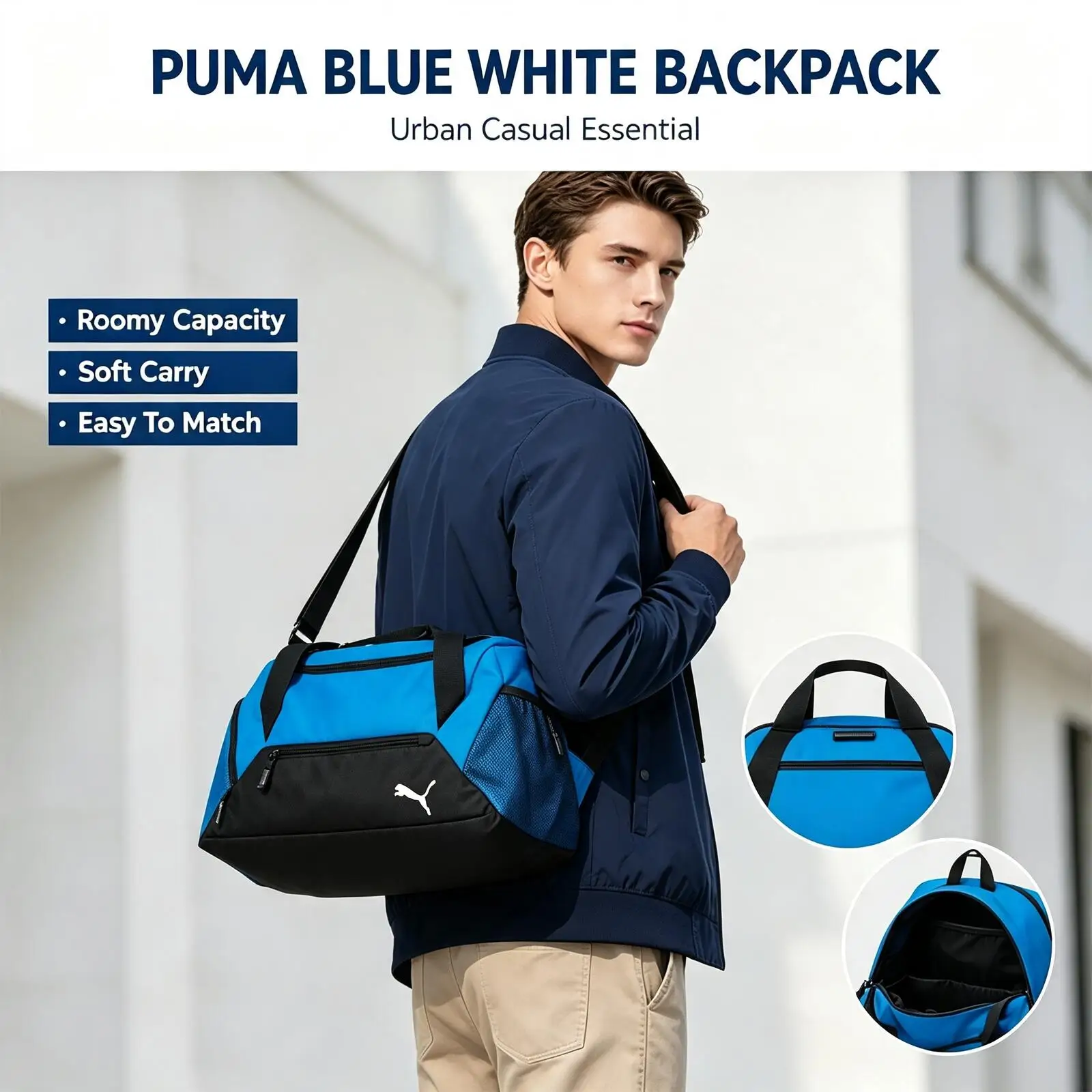 Puma Daily Backpack Blue White School Backpack Adjustable Shoulder Straps Lightweight Durable Spacious Casual Campus Daypack