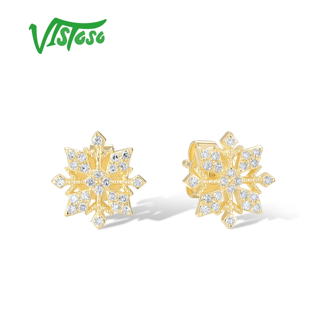 

VISTOSO Real 14K 585 Yellow Gold Studs Earrings For Women Sparkling Diamonds Glamorous Snowflake Christmas Gifts Fine Jewelry