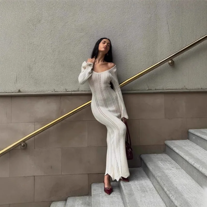 

2025 New Women's Elegant V-Neck Knit Dress with Bell Sleeve Hollow Out Bodycon Maxi Lightweight Soft for Party Casual Daily Wear