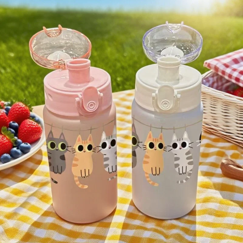 Botella de agua con estampado 3D de 550ML con estampado de gato, vaso con pajita, vaso de plástico para niños, botella de agua potable para viajes escolares al aire libre