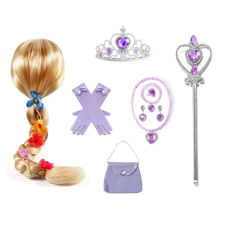 Rapunzel Princess Accessories Gloves Wand Crown Jewelry Set Kid Wig Necklace Braid for Princess Dress Clothing Cosplay Dress UP