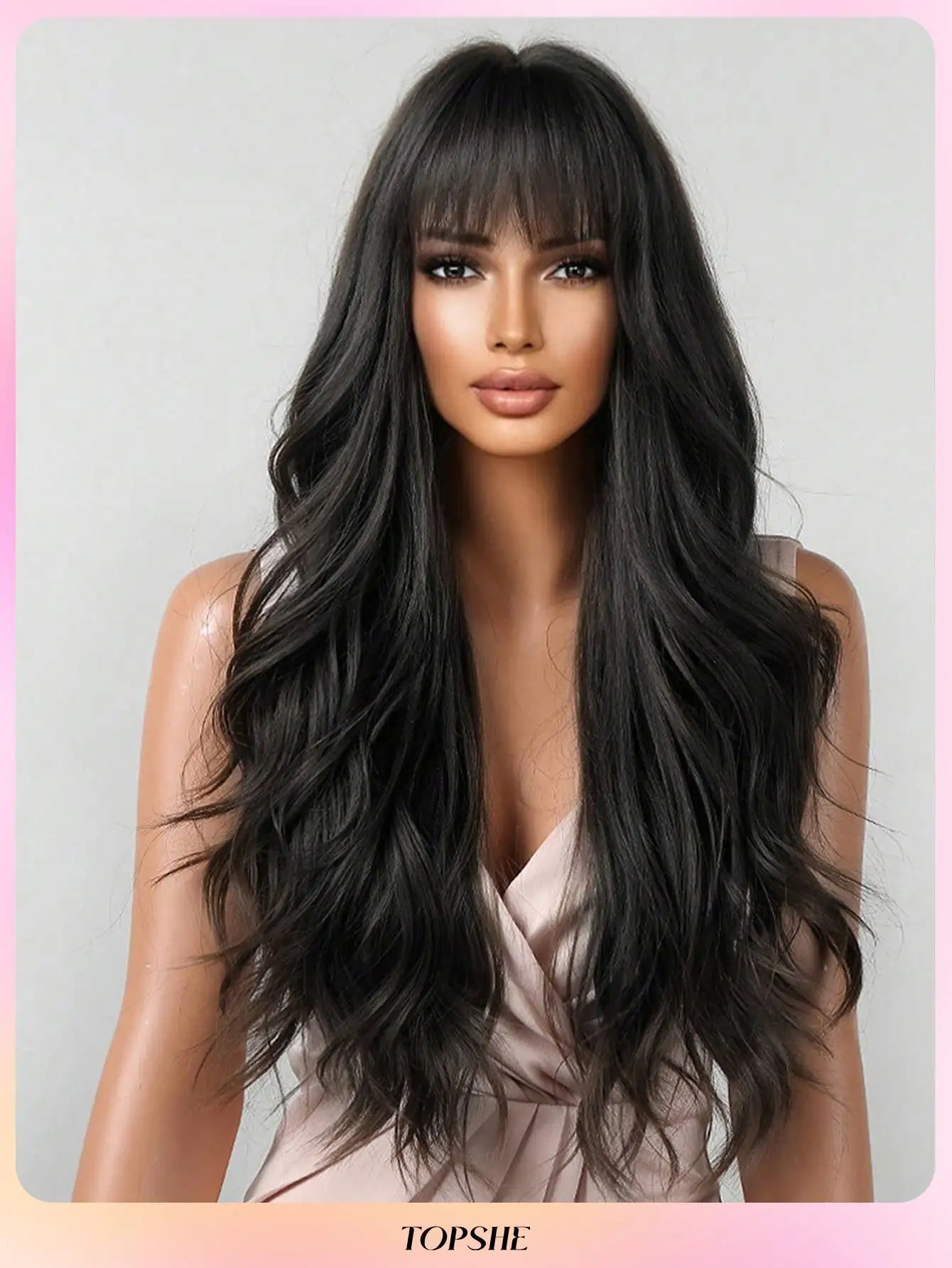 26 Inch Long Curly Wig With Bangs Black Wavy Synthetic Wig For Women Suitable For Girls Daily Wear And Party Heat-Resistant Long Curly Wavy Wig Halloween/Ramadan Wig Holiday Gift For Girls