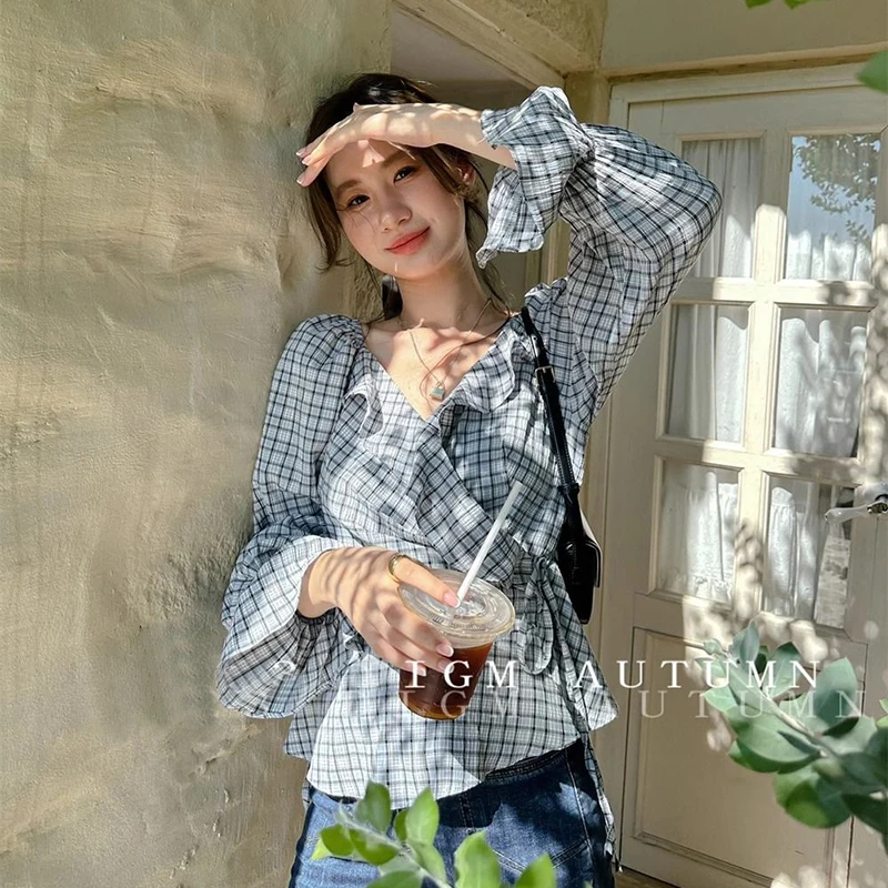 Chic Plaid Shirt Women Korean Fashion Ruffles Flare Sleeve Tops Summer New Lace up Casual Office Ladies Long Sleeve Blouse New