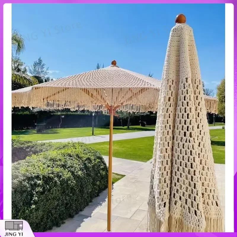 3ft Wooden Beach Umbrella with Handmade Tassels Macrame Fringe Canopy UV Protection Outdoor Sun Shade Garden Patio Poolside
