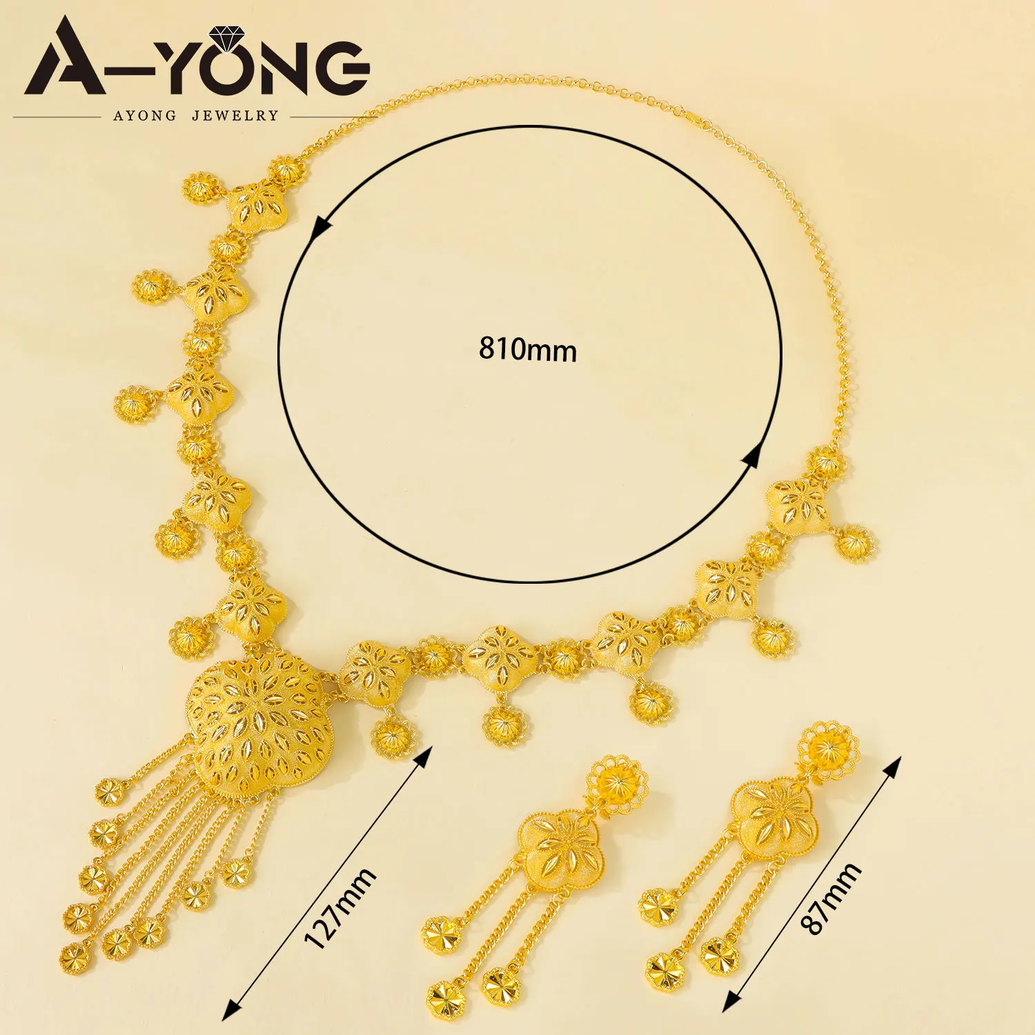 Luxuriöses Dubai Brautschmuck-Set Nigeria Goldfarben Lange Halskette Ohrringe Äthiopischer Damenschmuck für Bankette und Partys – Detail 3
