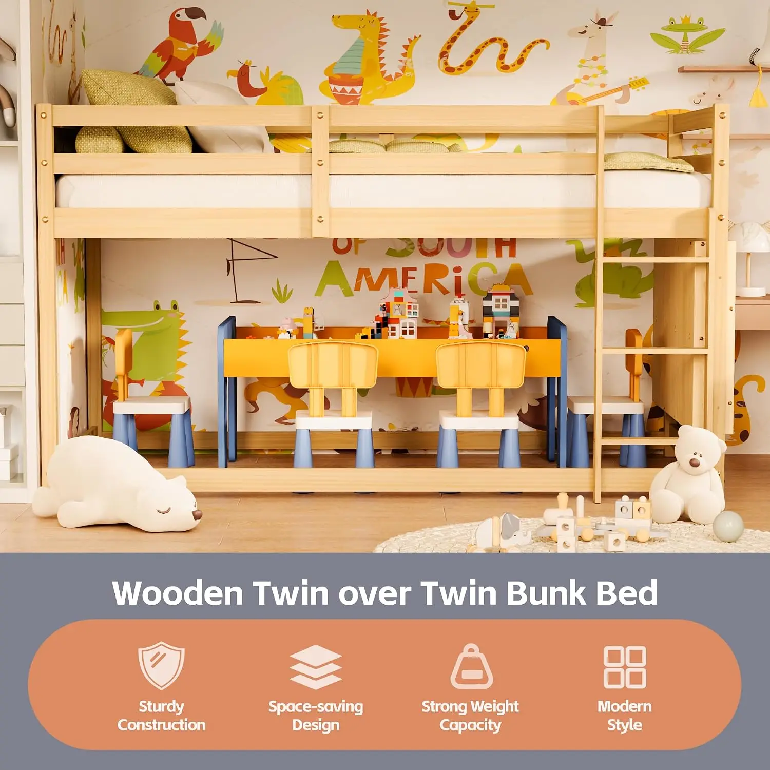 Twin Over Twin Low Bunk Bed with Bookshelf, Ladder & Full Guardrails, Wooden Floor Bunk Bed for Kids Bedrooms, Customized