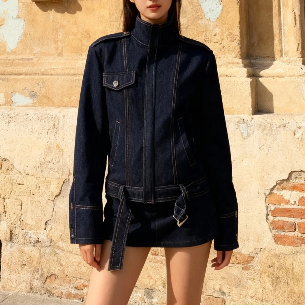 KWTX Damen-Motorradjacke aus marineblauem Denim, Stehkragen, abgeschnitten, tailliert, Vintage, elegant, lässig, Premium 2025, Herbstneu