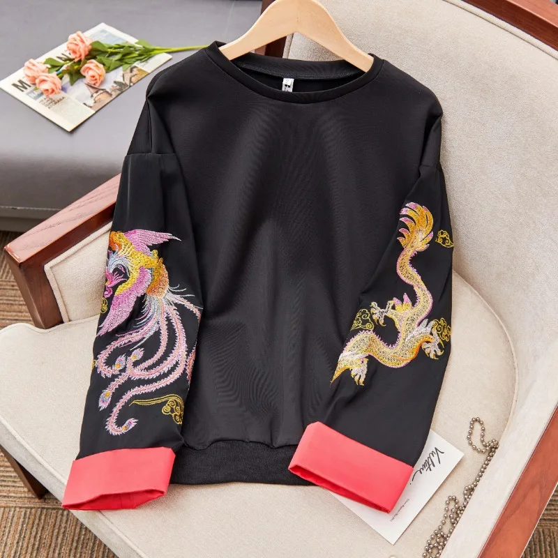 Chinese Style Women's Long Sleeved Stitching Embroidery Luxurious Tang Costume Autumn Winter Elegant Trend Female Sweatshirt