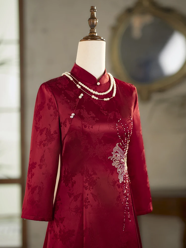 

Красное свадебное платье для мамы с длинным рукавом, осенне-зимнее, элитное, винтажное, средней длины QX232QP705