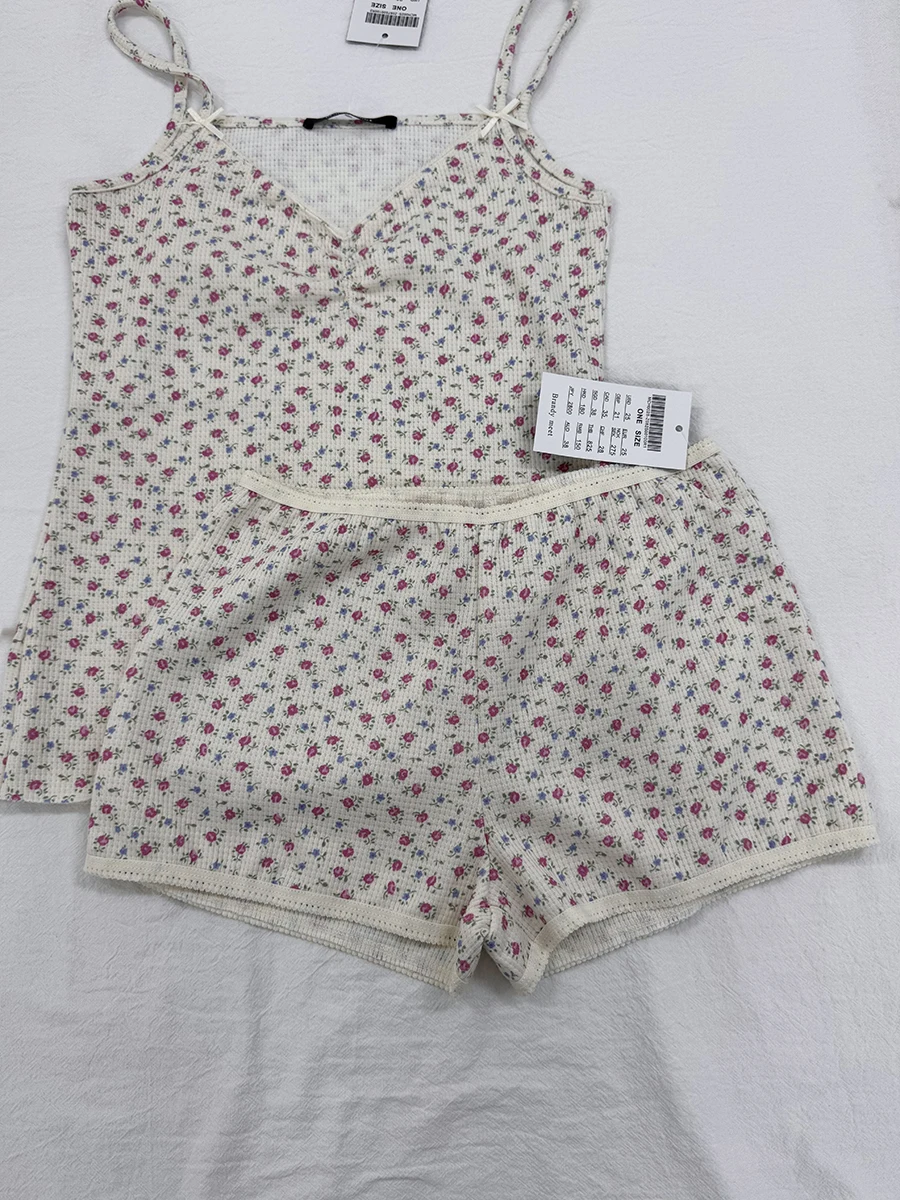 

Pink Floral Print Waffle 2 Piece Set Women Summer Folds V Neck Bow Sleeveless Slim Tank Top Home Cozy Sweet Lace Trim Shorts Set