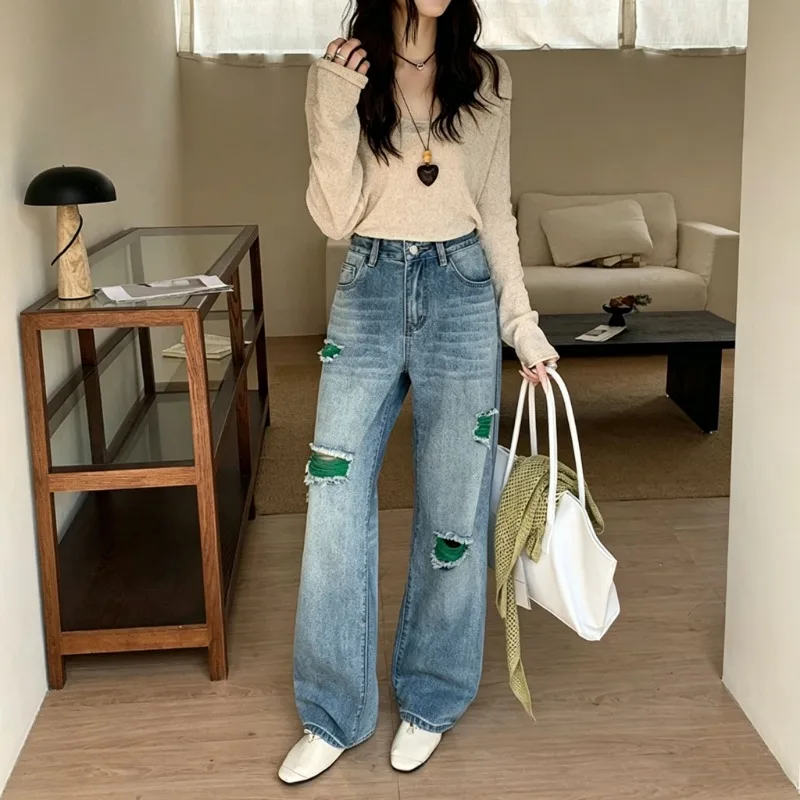 Women Fashion Versatile Blue Ripped Jeans High Waist Draped Vintage Washed Loose Straight Wide Leg Casual Denim Trousers