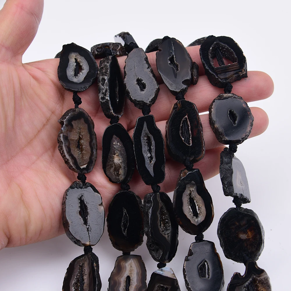APDGG 20x32mm Natural Black and White Agates Quartz Cave Oval Slice Focus Pendant Loose Beads 17'' Jewelry DIY