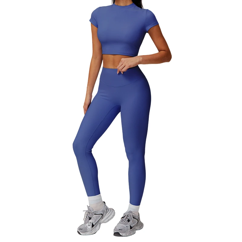 Ctenkevet 2Pcs Ribbed Sports Suits Women Outdoors Workout Tight Set Female Yoga Sets Gym Sportswear Sport Outfit For Woman