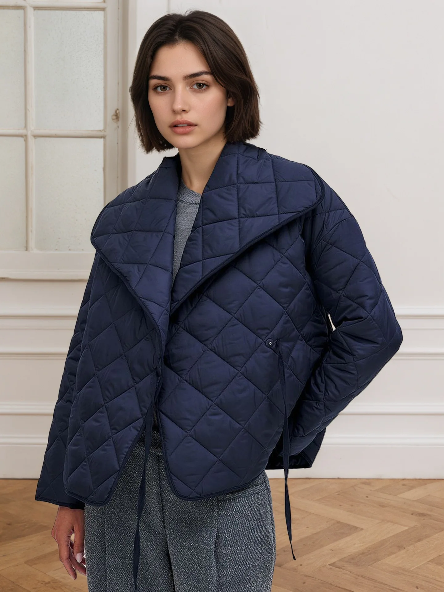 

Women's Argyle Large Lapel Cotton Jacket French Elegant Fashion Thicken Coat Autumn Winter Solid Color Simple Female Jackets