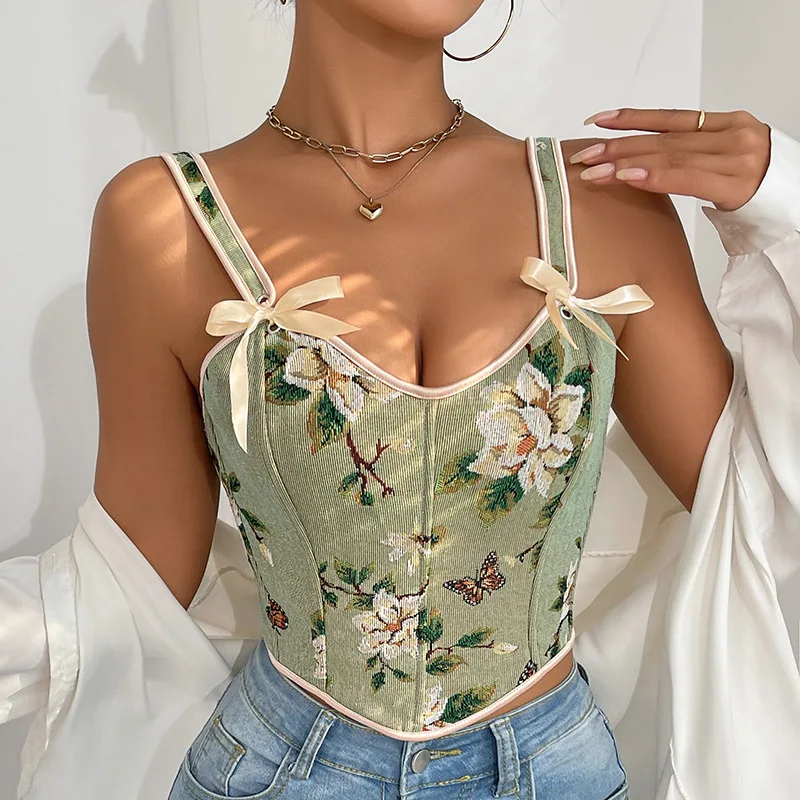 Women Vintage Floral Corset Cami Top Sweetheart Neck Shoulder Bow Decor Wide Strap Slim Crop Bustier Y2K Romantic Camisole Vest