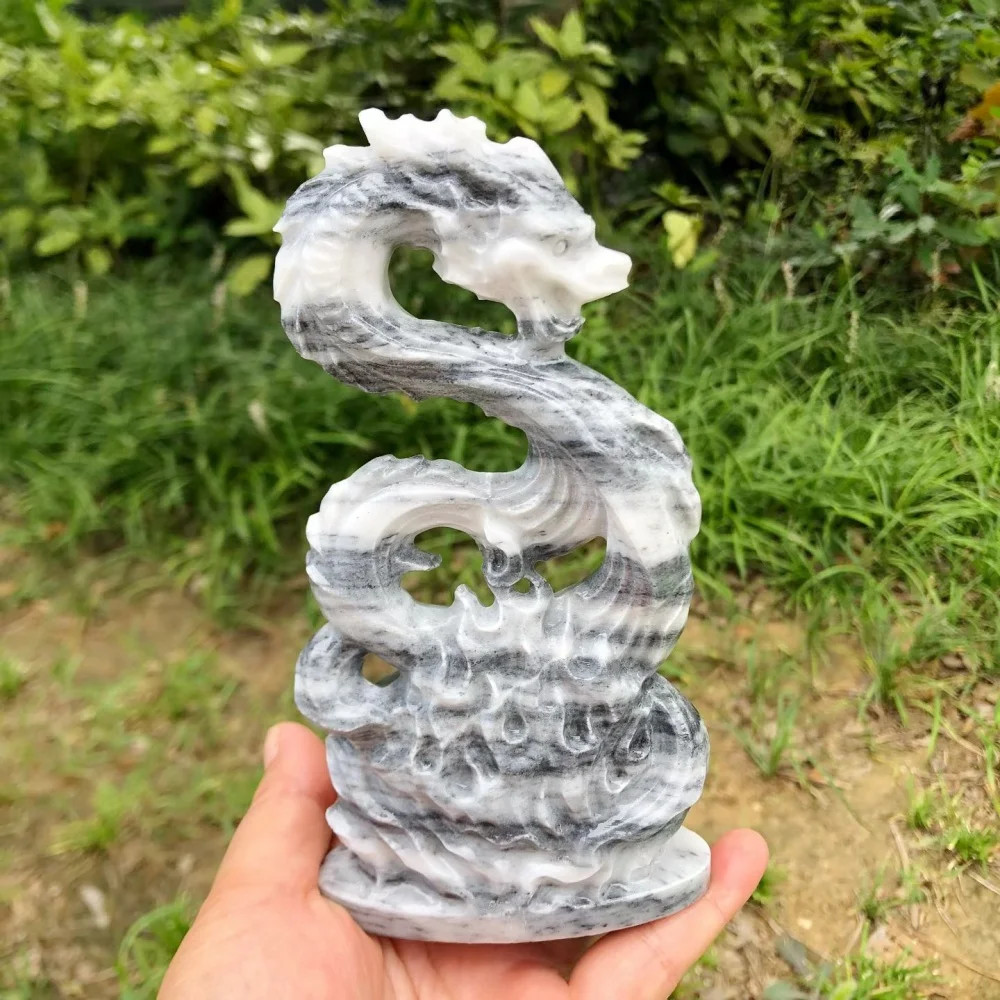 15cm Natural Zebra Jasper Chinese Dragon Carving Statue S Shape Hollow Feng Shui Power Crystal Home Decor Ornament Wholesale