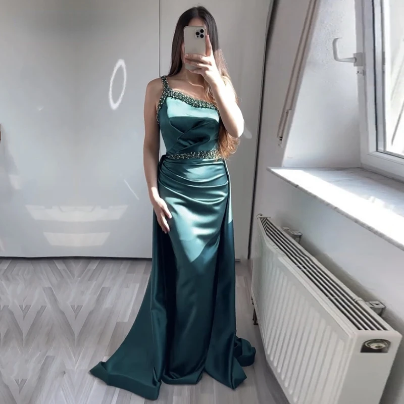 

Green Evening Dress for Wedding Party Satin Beaded Pearls Long One Shoulder Pleats Elegant Mermaid Prom Gowns