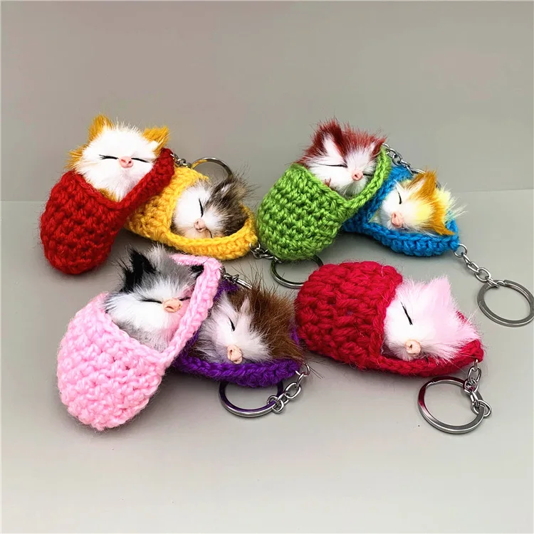 New Cute Sleeping Cat Keychain Slippers Cat Plush Bag Pendant Car Key Chain Simulation Animal Gifts K4180
