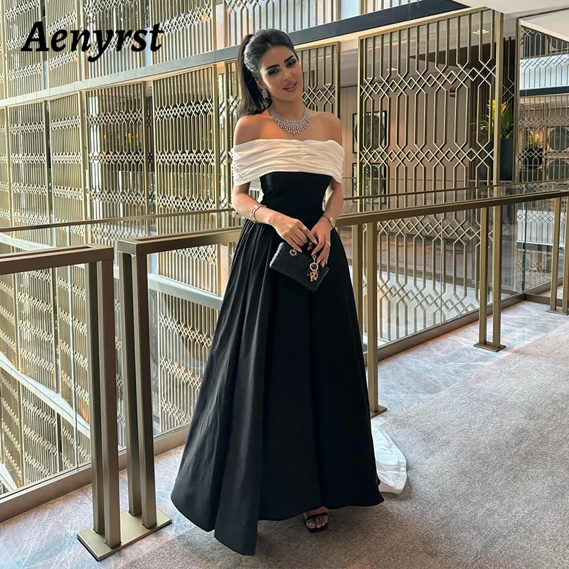 

Aenyrst Saudi Arabia Sexy A-line Prom Dress Women Off Shoulder White Black Party Evening Gowns Floor Length Formal Occasion Gown