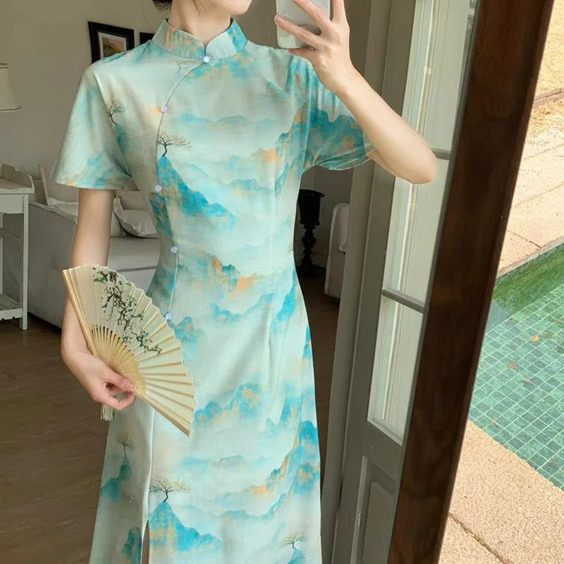 New Chinese Style Retro Women's Cheongsam Paint Button Side Split Dress Half High Collar Short Sleeve Women's Top Slim Skirt