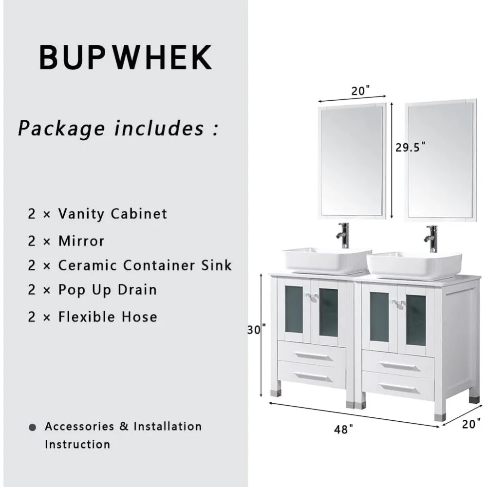Vaidade do banheiro 48 polegadas e pia combo armário principal duplo com pia de cerâmica retangular dupla para banheiro de espaço pequeno