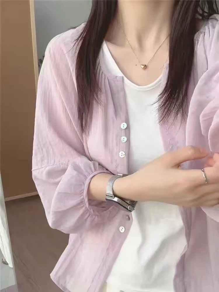 

Korean Chiffon Blouse for Women Summer Loose Nine Quarter Casual Shirt Y2K Harajuku Single Breasted All Match O Neck Top Mujer