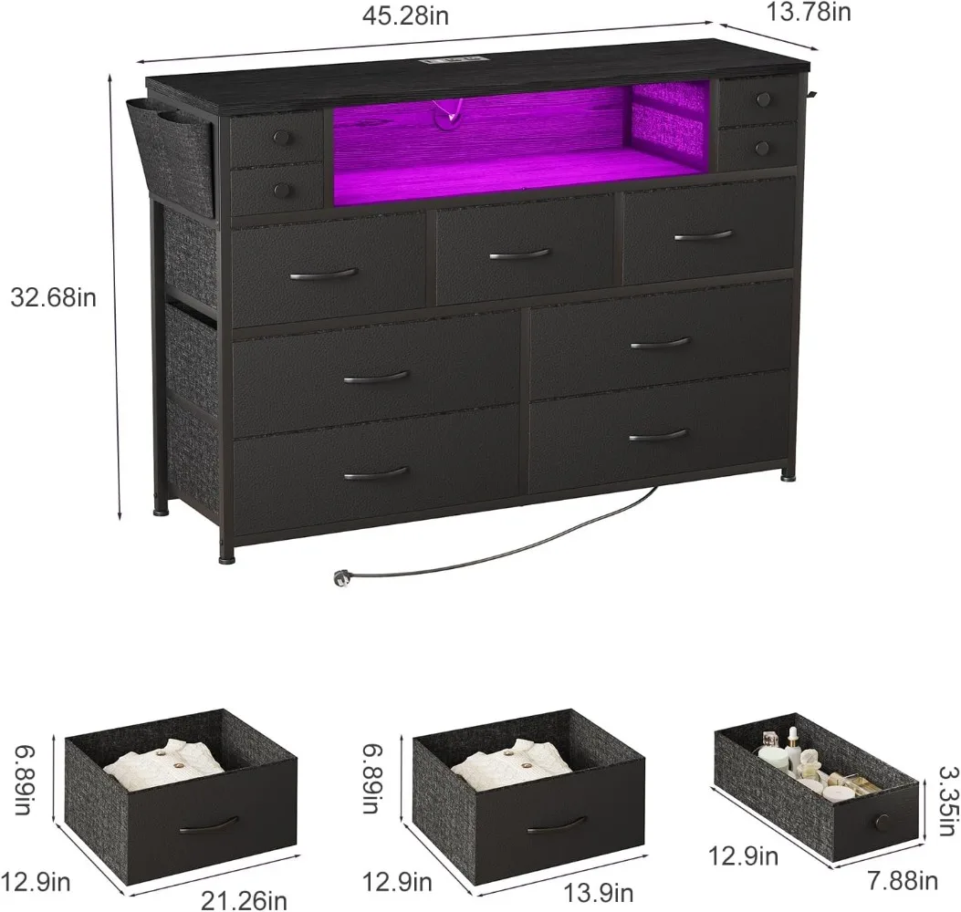 Dresser TV Stand with Power Outlets and LED Lights for 55'' TV, 11 Drawers Dresser with Side Pocket, Fabric Chest  (Black)