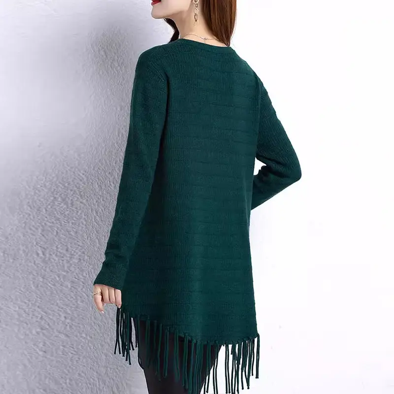 Basic Casual O-Neck Knitted Jumpers Autumn Winter Fashion Tassel Spliced Women\'s Clothing Loose Solid Color Long Sleeve Sweaters