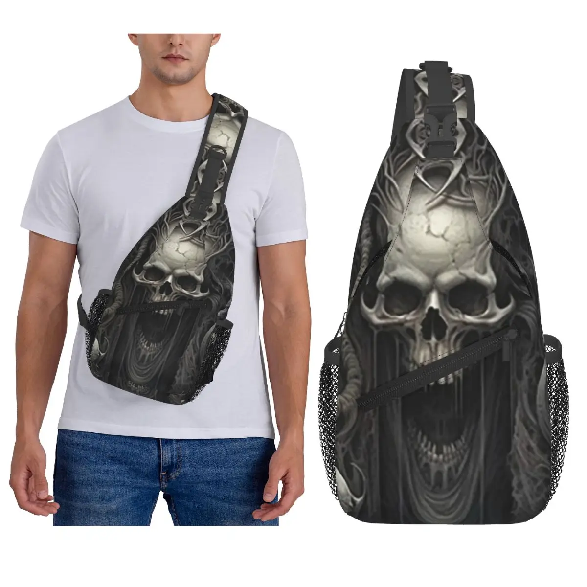 

Темная фантазийная художественная темная металлическая нагрудная сумка с черепом, мужской рюкзак через плечо на слинге, нагрудная сумка, дорожный походный рюкзак, сумка на плечо
