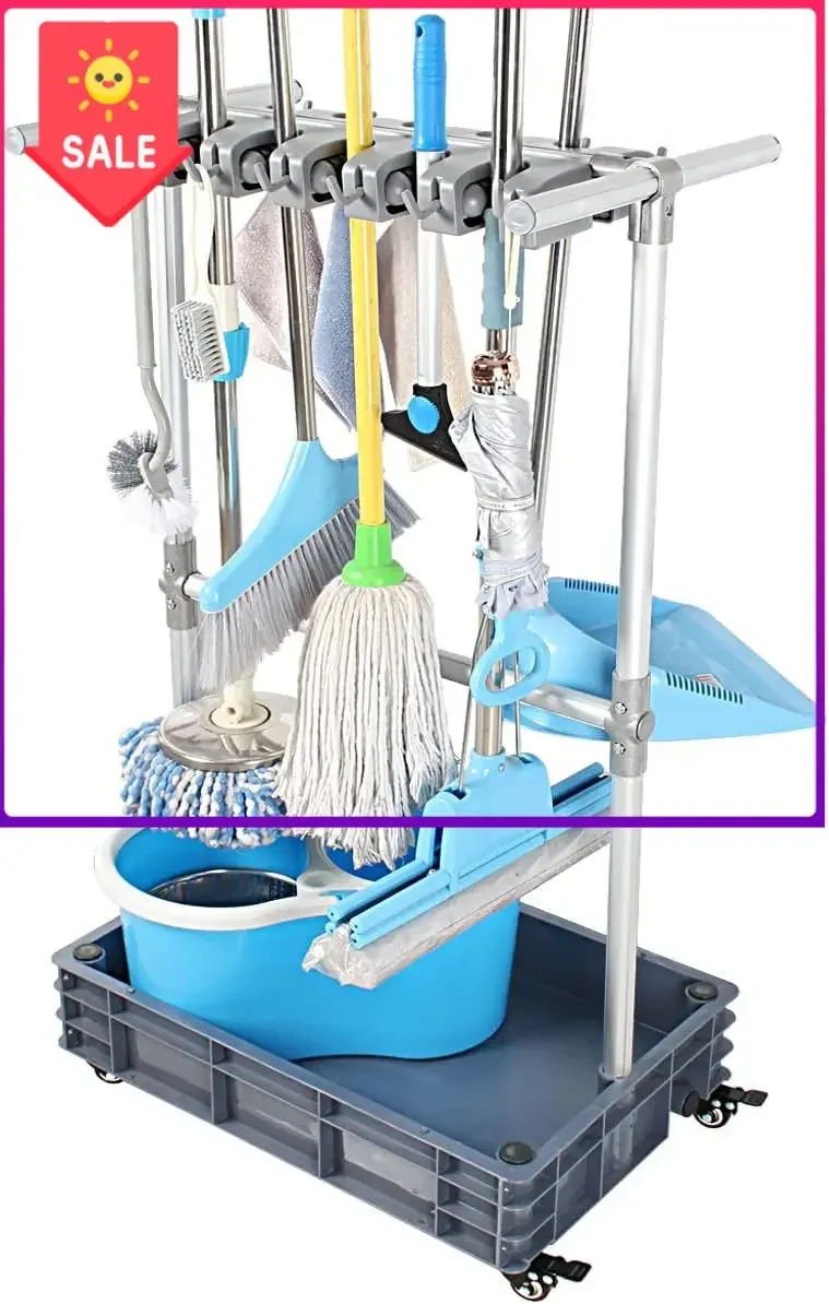 USA Stock Broom And Mop Holder Put Wet Mops Movable Floor-Mounted Mop Rack Floor Standing Cleaning Tool Cart Storage For Garden