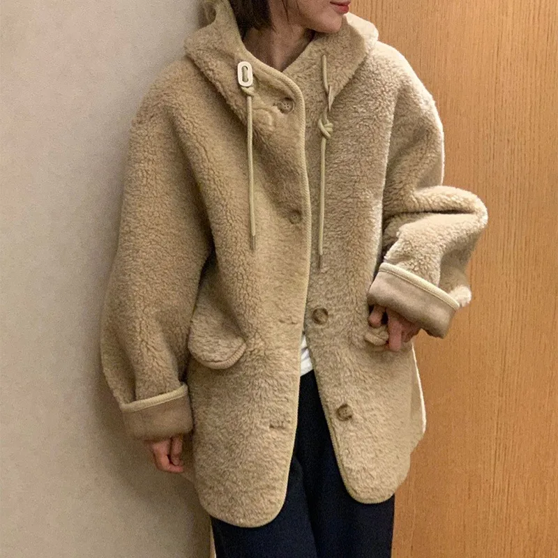 

Women's Thiened Lamb Fur Coat Hooded One-Piece Warmth Autumn Winter New Sle Korean System Versatile Inteated Upper Apparel