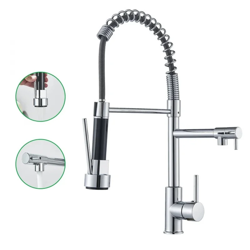 Commercial Grade Bright Finish Kitchen Pull Down Faucet, Dual Swivel Spout Deck Installed Kitchen Sink Mixer Tap Hot Cold Mix Ta