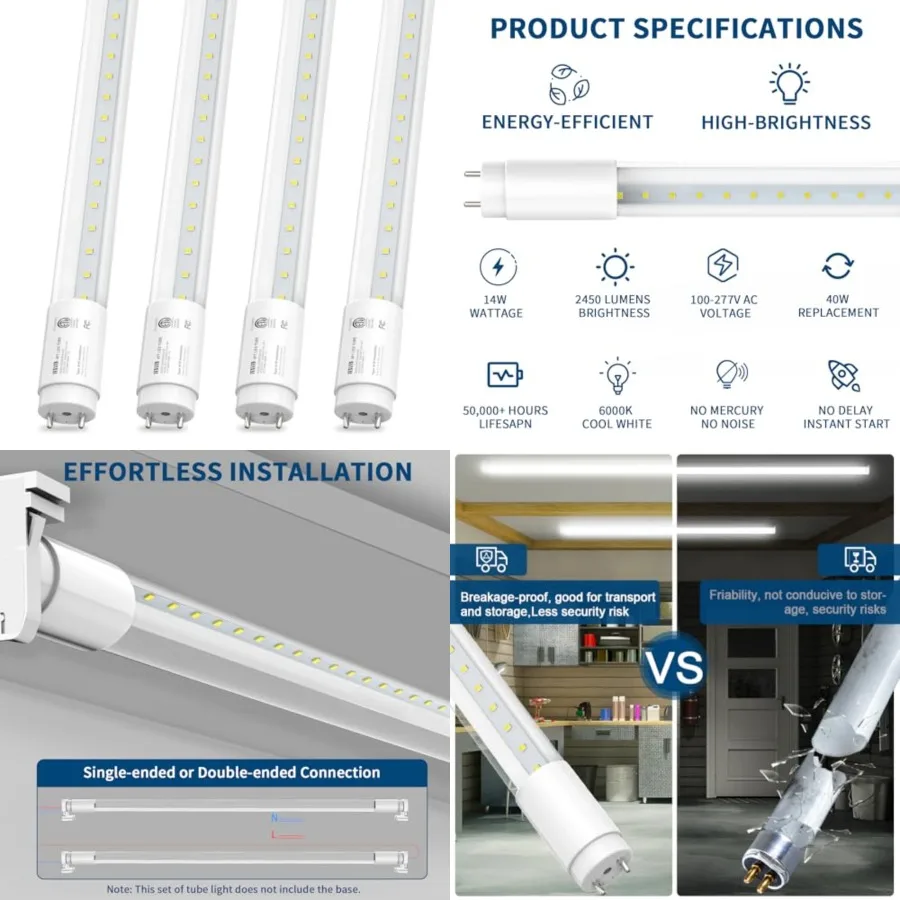 

4 Pack T8 LED Bulbs 4 Feet, 14W 2450LM 6000K Super Bright, Type A+B 4Feet LED Bulbs, Fluorescent Tubes Replacement, Plug and Pl