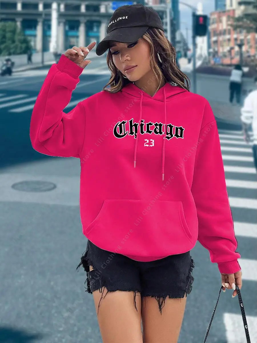 CHICAGO 23 Letter Hoodies Women's Hooded Sweatshirt Pullover Spring Autumn Top Aesthetic Y2K Street Sport Clothing Woman Hoody