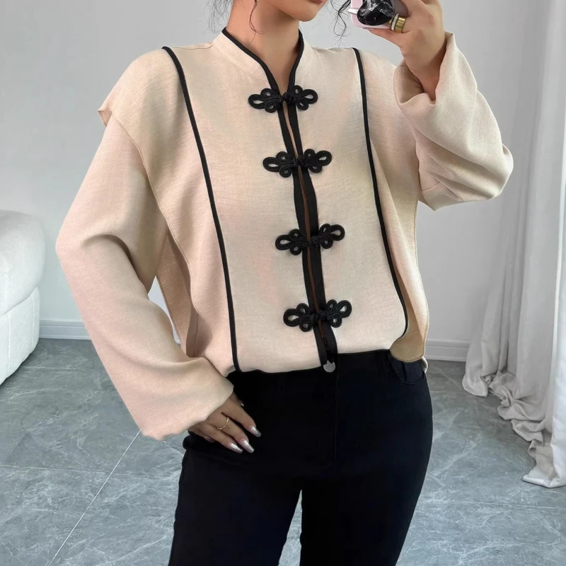 

New Women's Shirt Chinese Knot Design Famous Style Long Sleeve Top