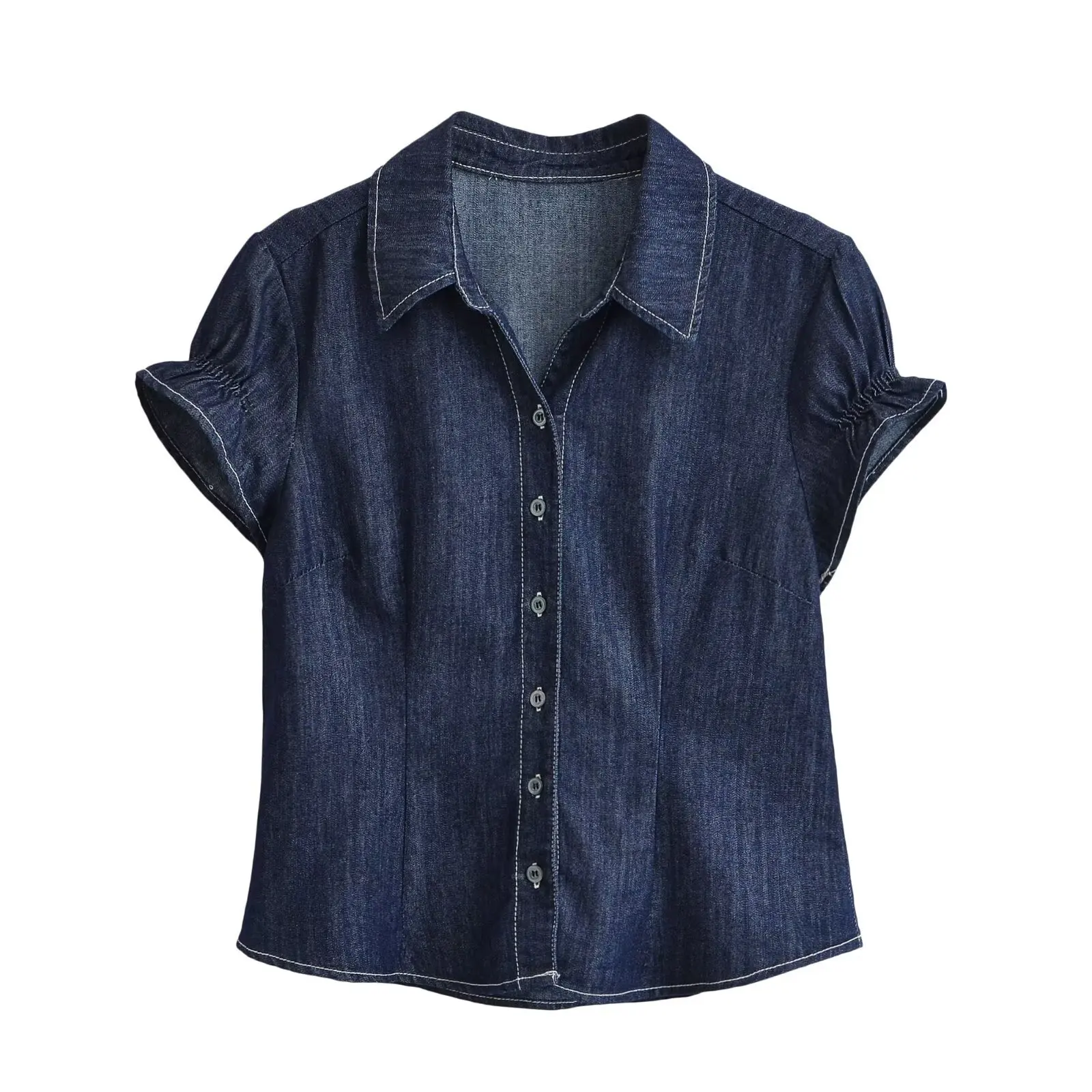

Withered 2026 Stitching Imitation Denim Solid Color Shirt Versatile Collar On Short Sleeved Shirt Blouses Women's Clothes Shirts