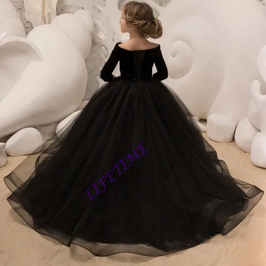 

CustomizedGirls Wedding Flower Girl Dress Off Shoulder Velvet Tulle Gown Floral Embroidered Birthday Party Formal Occasion Costu