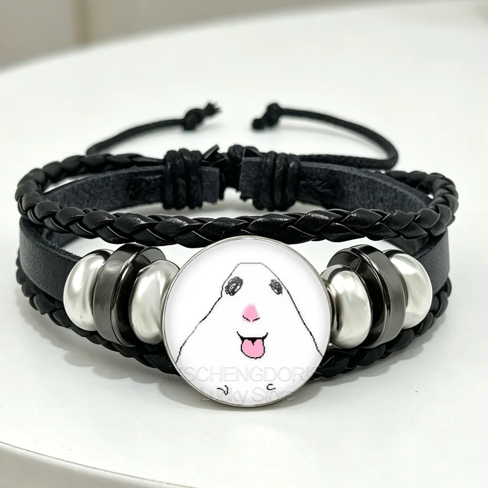 Creative Funny Hamster Meme Multilayer Black Leather Bracelet Rope Glass Cabochon Bracelet Accessories Gifts For Friends MS056